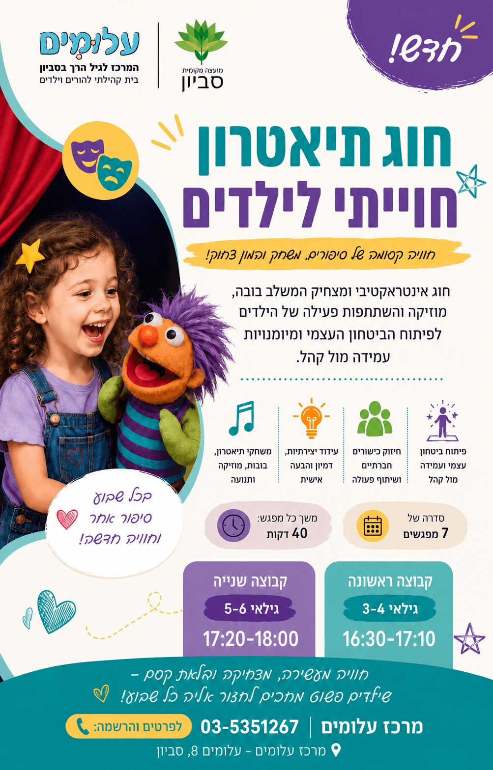 חוג תיאטרון חוויתי לילדים- שבעה מפגשים גיל 3-4/5-6 ימי שלישי 16:30/17:20
